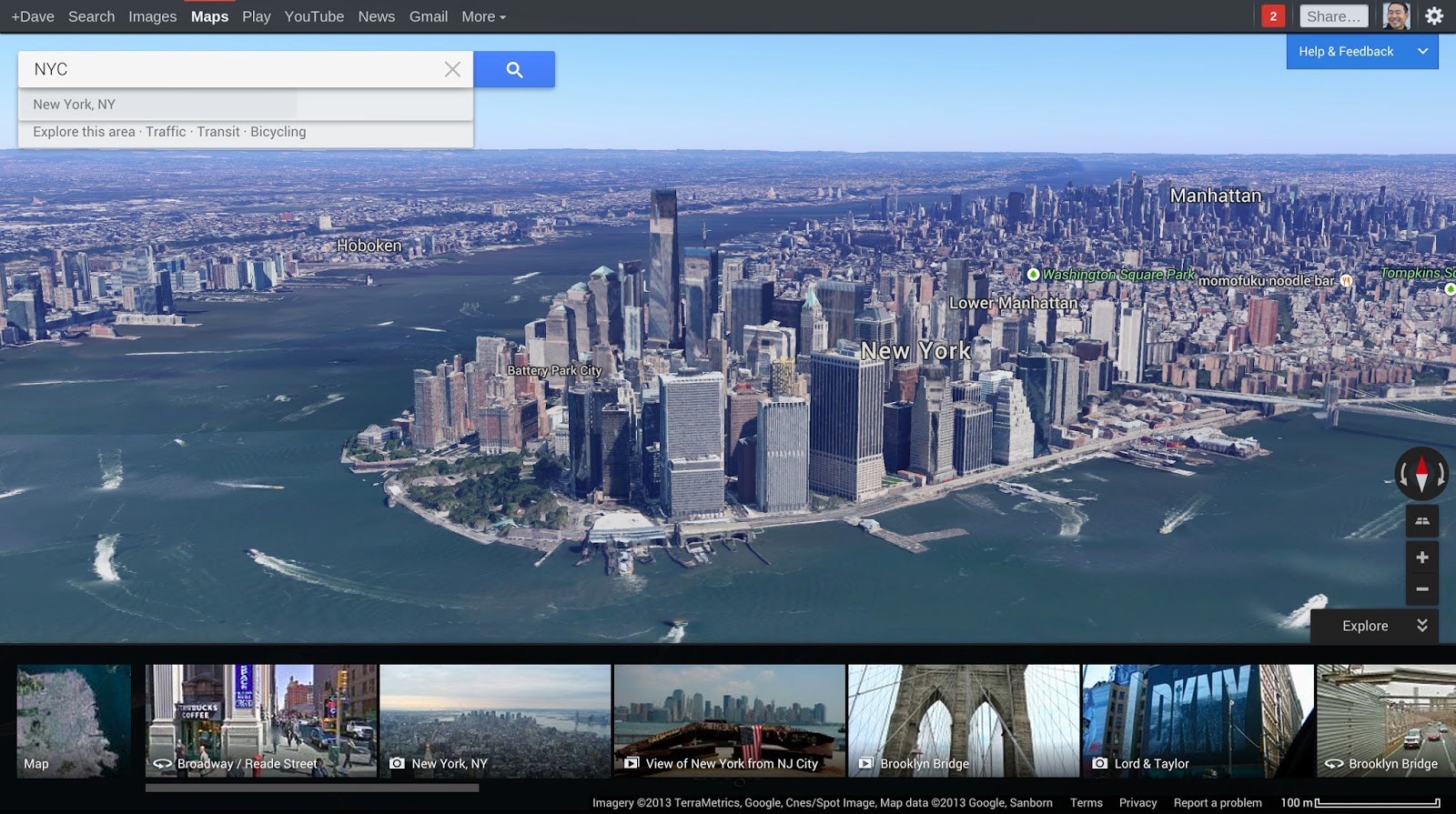 New York City in redesigned Google Maps with Explore box (2013)